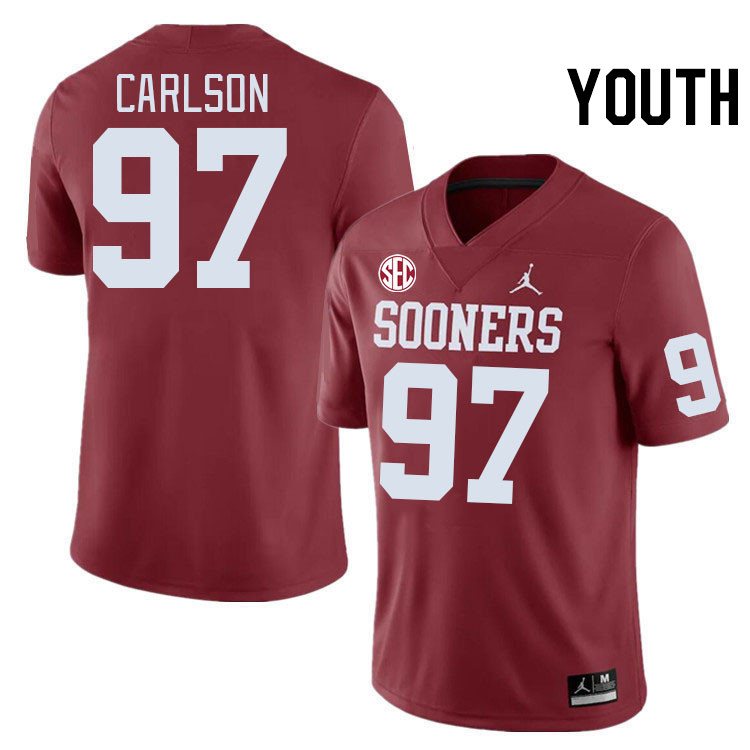 Youth #97 Kyle Carlson Oklahoma Sooners 2024 SEC Conference College Football Jerseys-Crimson